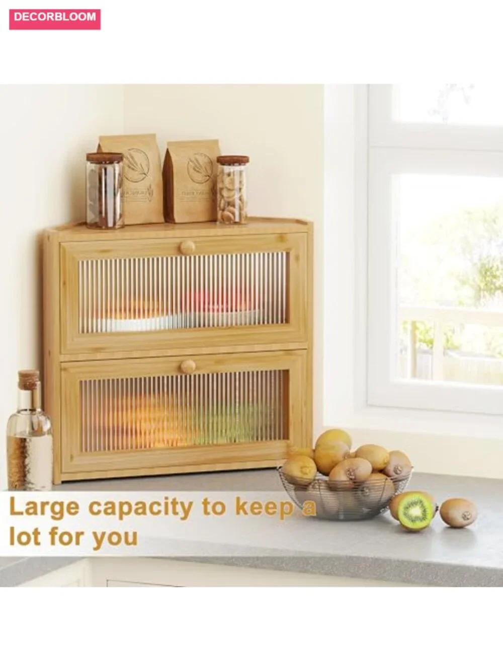 Corner Bread Box Double Layer Bamboo Storage with Wavy Windows Farmhouse Bread